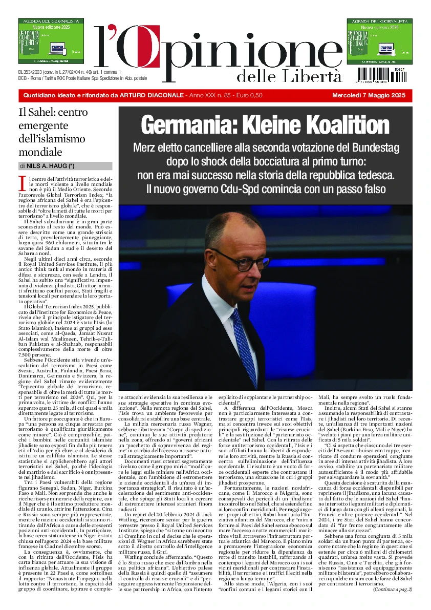 Prima-pagina-opinione della liberta-edizione-di-oggi-2025-05-07